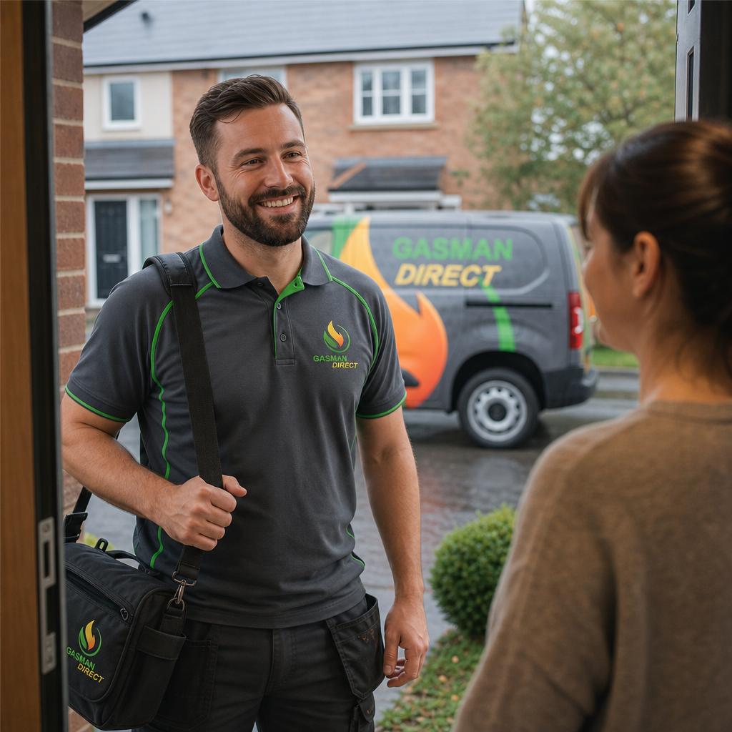 Gas Safe heating engineer greeting a customer at their home in Bognor Regis